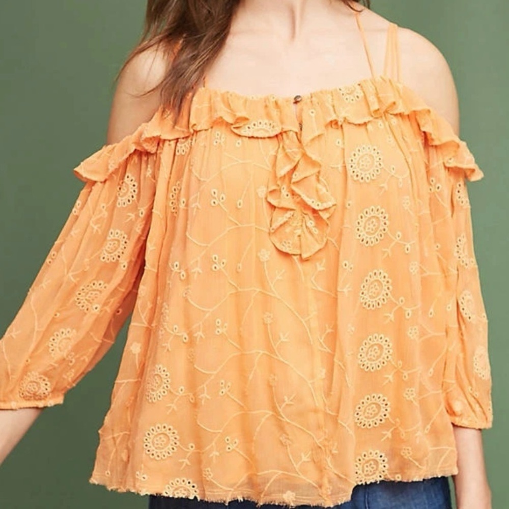 Anthropologie Floreat Maryana Open Shoulder Blouse Women’s Size XS Tangerine - Picture 2 of 11